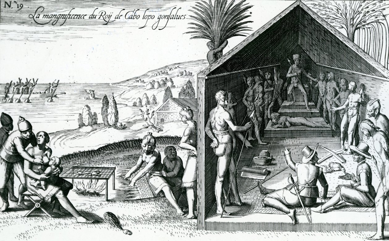 Kongen modtager europæiske besøgende, Cape Lopez, Gabon, Afrika, 1500-tallet af Theodore de Bry