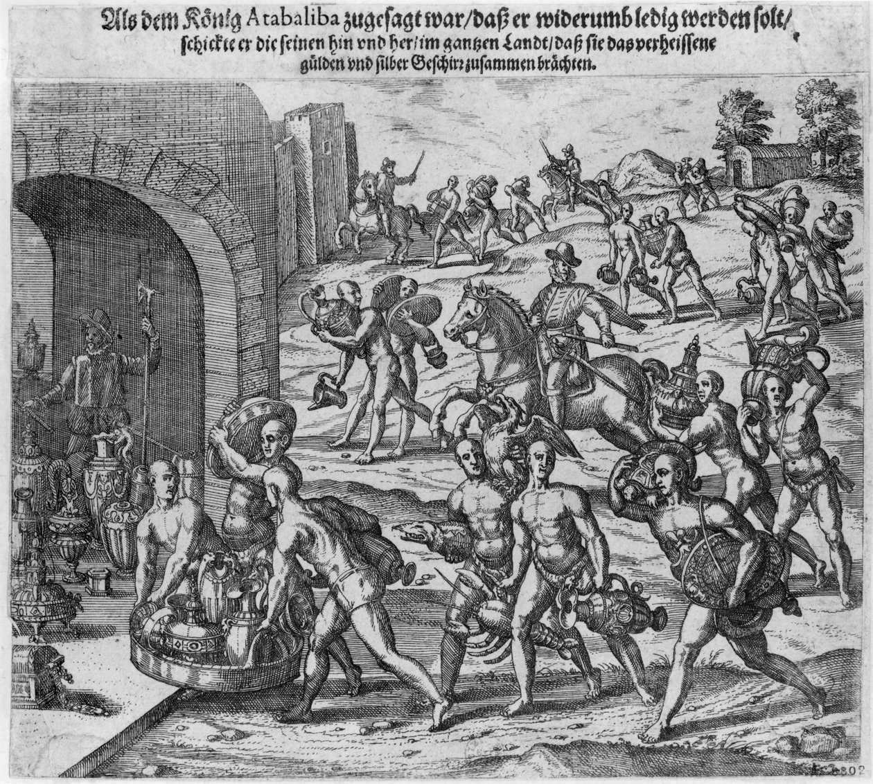 Løsesummen kong Atahualpa (ca. 1502-33) tilbød Francisco Pizarro, 1533 af Theodore de Bry