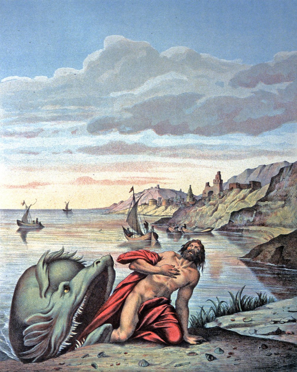 Jonas kommer ud af hvalens mave, midten af det 19. århundrede (illustration) af Theodore (after) Amst