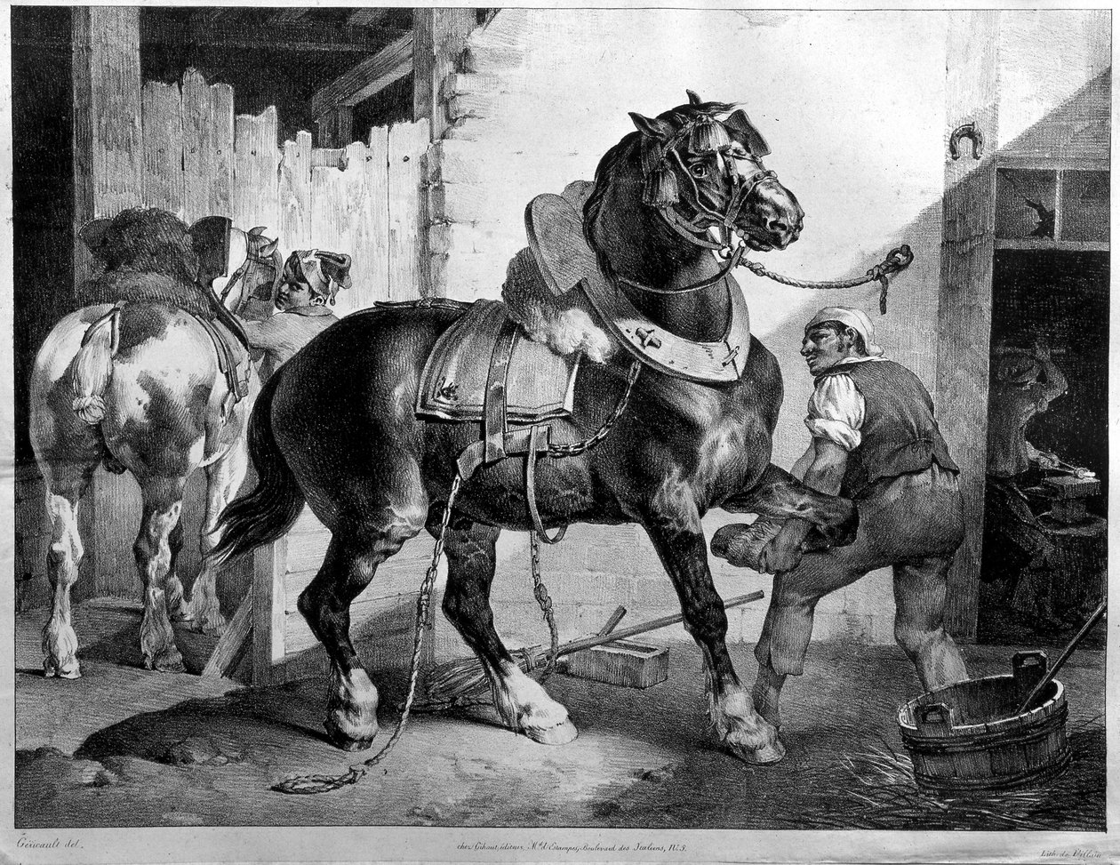 Montering af trækhest (litografi) af Theodore (after) Gericault