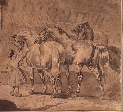 Lille pige fodrer heste i en stald (blyant og grå vask) af Theodore (attr. to) Gericault