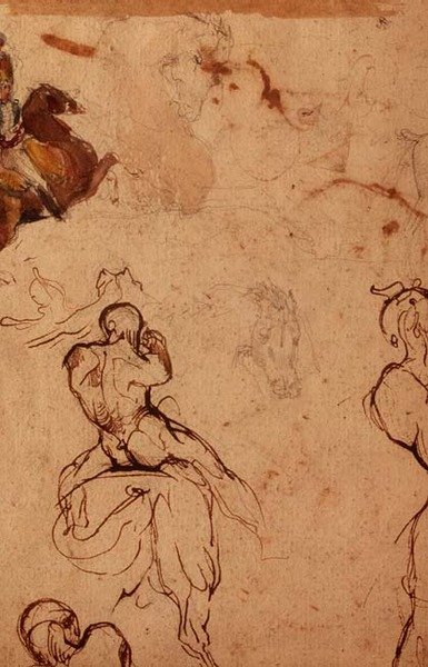 Studie af heste og ryttere (blyant, kuglepen og brunt blæk og akvarel) af Theodore (attr. to) Gericault