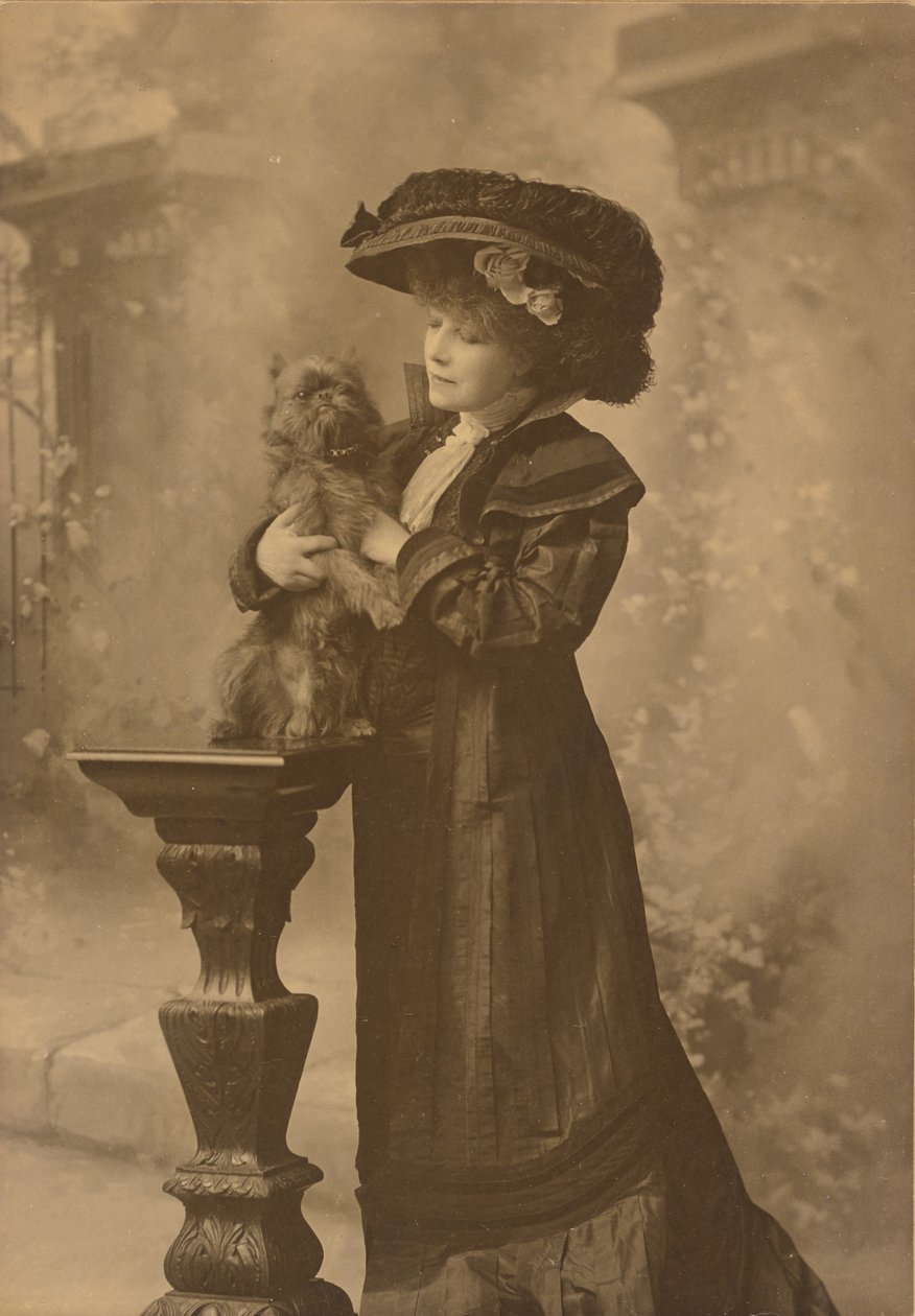 [Sarah Bernhardt står i et atelier og holder en lille sort hund på en udsmykket, udskåret træpiedestal]. af Theodore C. Marceau