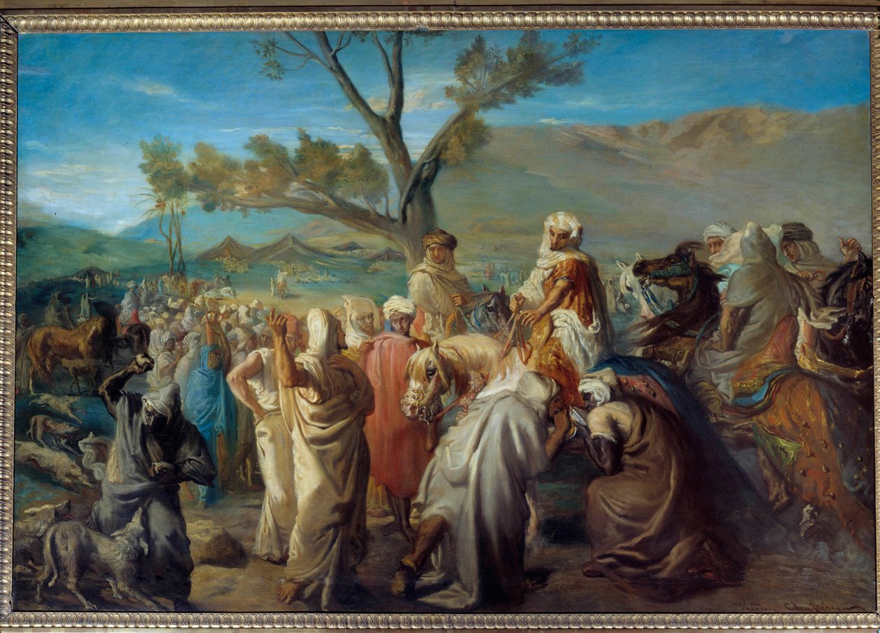 Orientalisme: "" En caid på besøg i en douar""" Marokkansk kok i en teltlejr. Maleri af Theodore Chasseriau (1819-1856) 1849 søn. 1,42x2 m af Théodore Chassériau