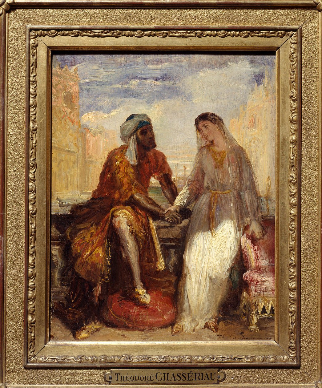 Othello og Desdemone i Venedig Illustration af 1. akt af tragedien "" Othello" af William Shakespeare (1564-1616). Maleri af Theodore Chasseriau (1819-1856) 1850 søn. 0,25 X 0,20 Paris. Musee Du Louvre- Othello og Desdemona i Venedig, scene fra Otel af Théodore Chassériau