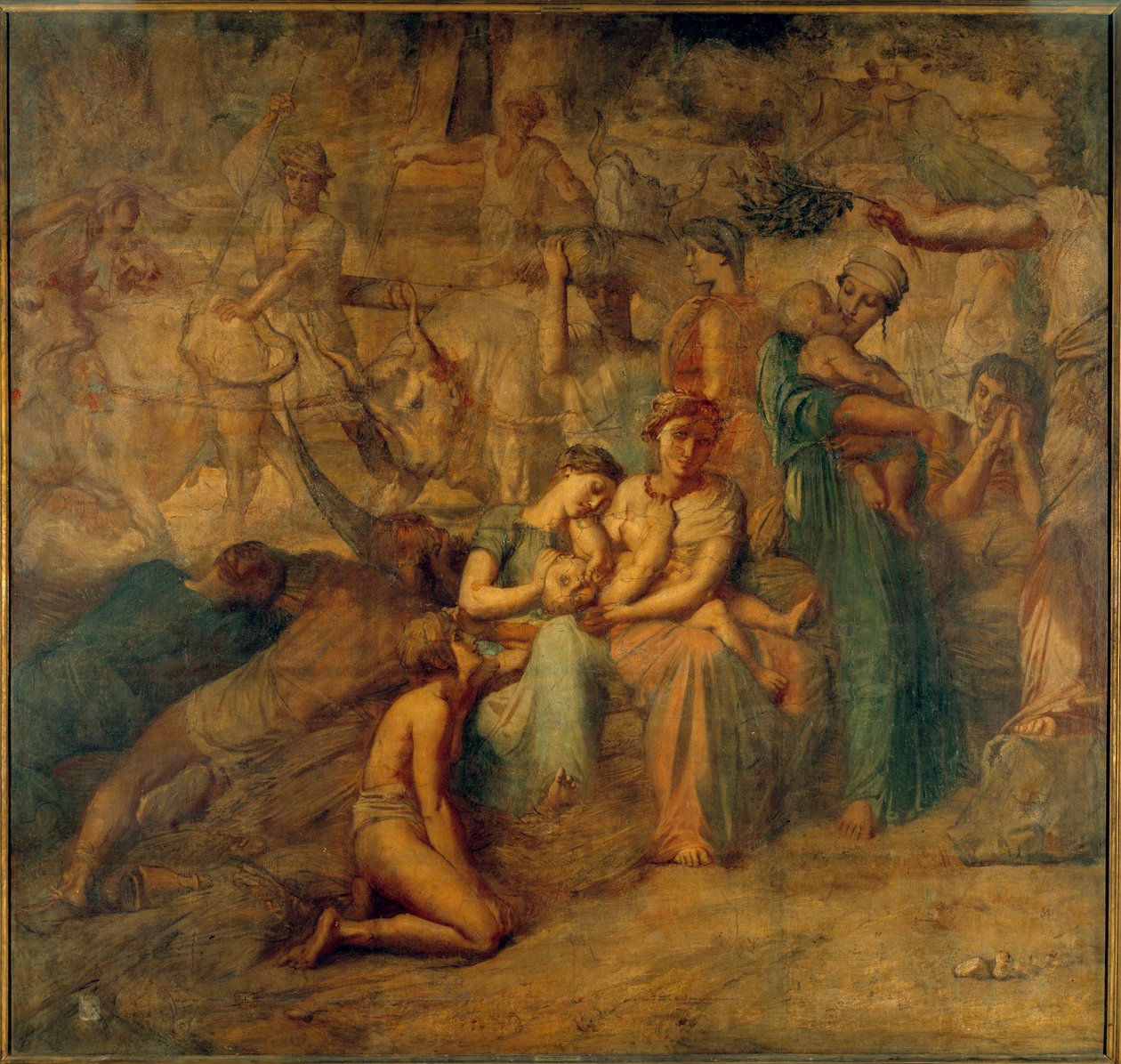 Fredsallegorisk fremstilling med mor og barn og besætninger. Maleri af Cour des comptes-trappen af Theodore Chasseriau (1819-1856) 1800-tallet søn. 3,4x3,6 m af Théodore Chassériau