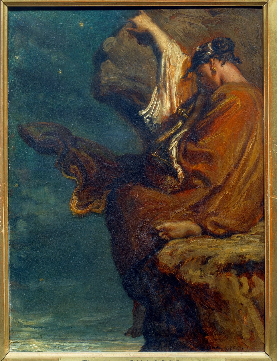 Sapho Den græske digterinde Sapho (Sappho) (omkring 600 f.Kr.) sidder på en klippe og ser på havet med melankoli. Maleri af Theodore Chasseriau (1819-1856) 1849 søn. 0,27x0,21 m Paris, musee d