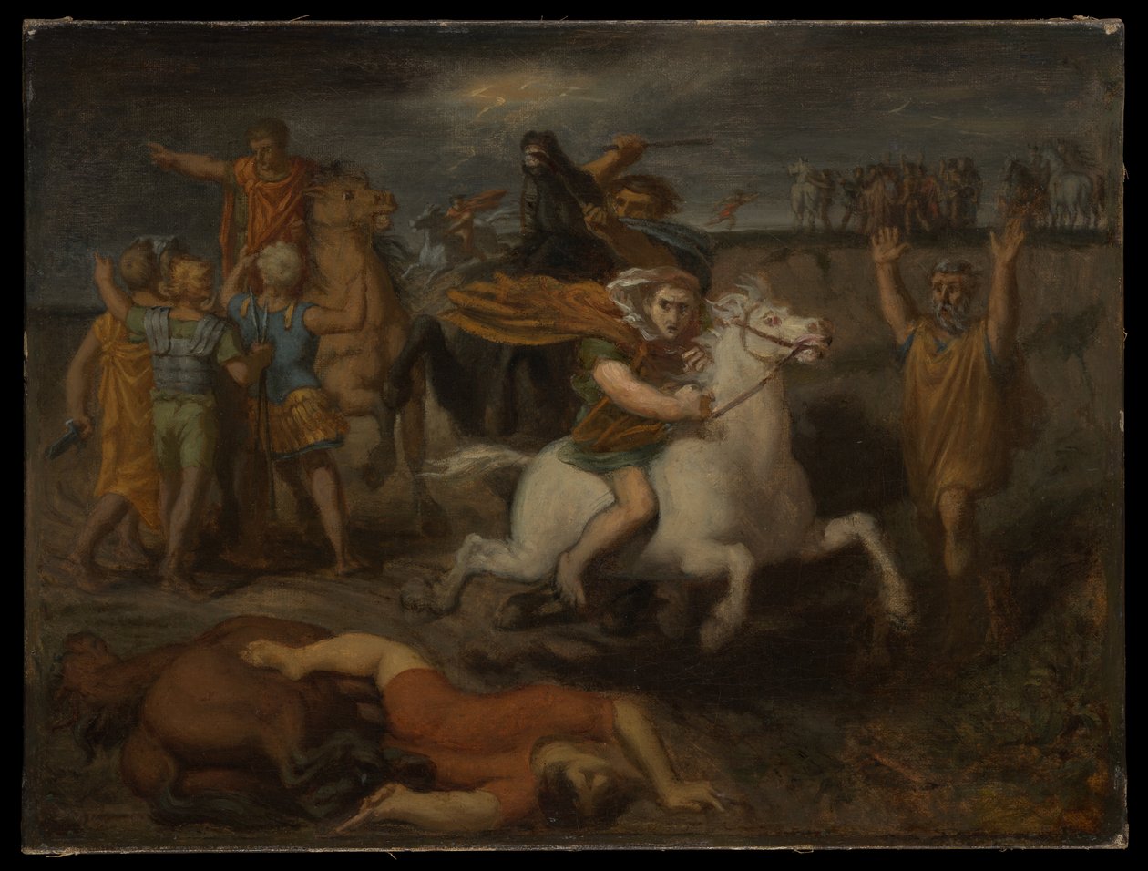 Scene fra Gallerkrigen: Galleren Littavicus, der forråder den romerske sag, flygter til Gergovie for at støtte Vercingétorix af Théodore Chassériau
