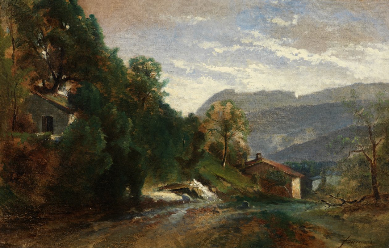 Bjerglandskab ved Voreppe, Dauphiné (olie på lærred) af Théodore Fourmois
