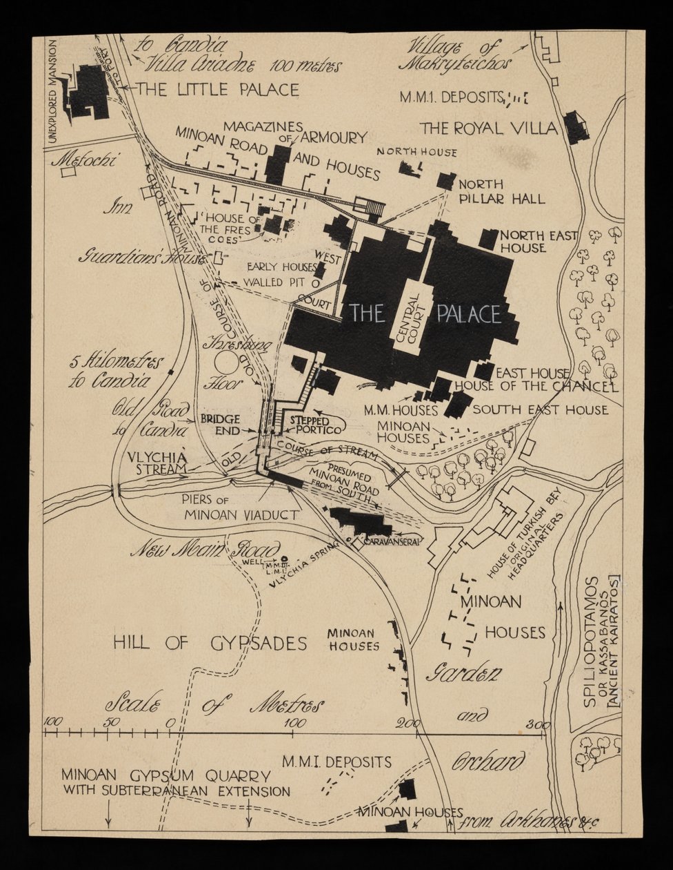 Kort over Knossos bygninger omkring paladset, omkring 1903 af Theodore Fyfe