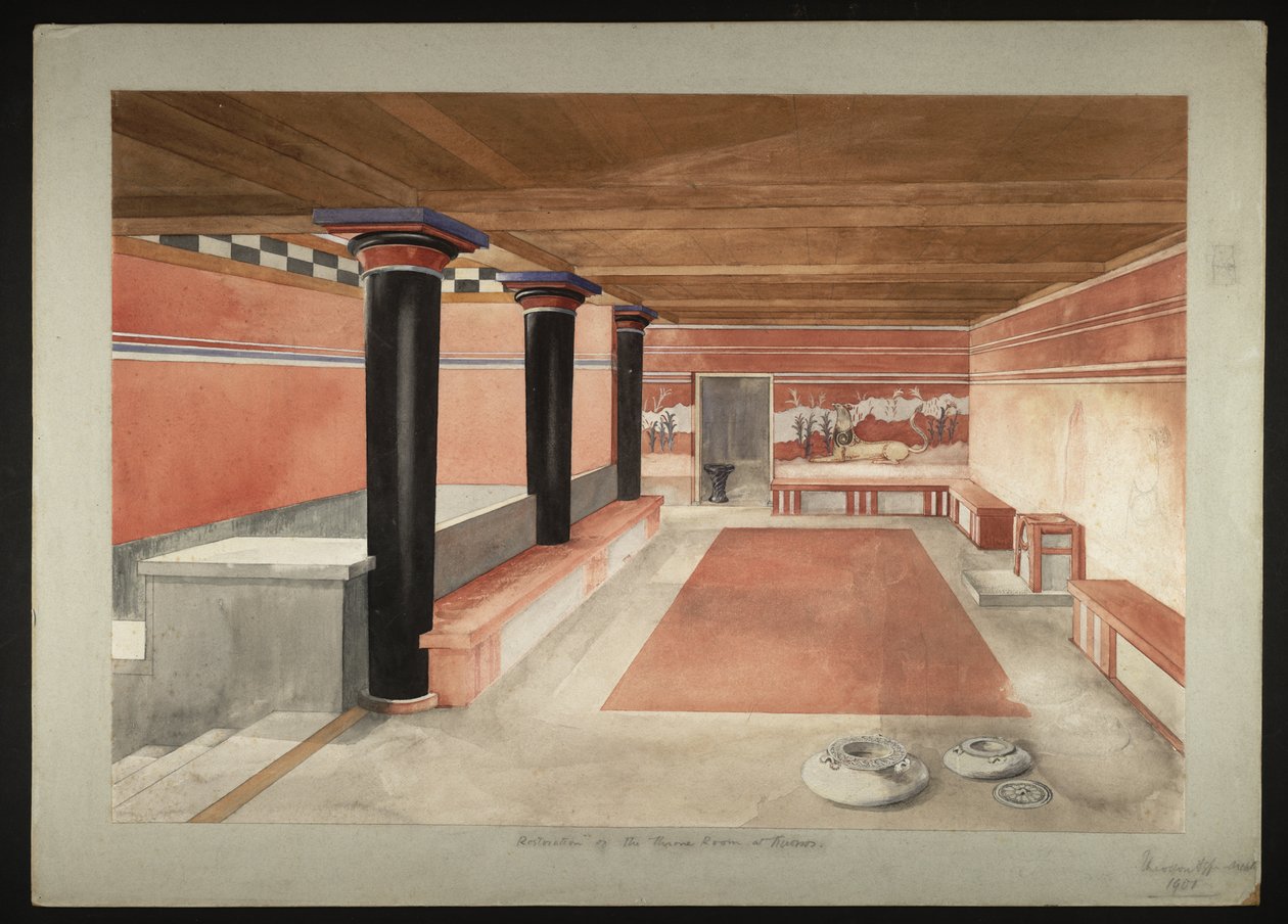Maleri af det genskabte tronrum i Minos-paladset i Knossos (Evans Fresco-tegning B/4 a)) af Theodore Fyfe