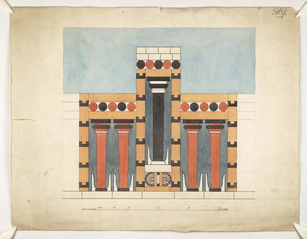 Maleri, der genskaber den centrale tredelte helligdom i den centrale domstol i Minos-paladset i Knossos (Evans Architectural Plans WW/15) af Theodore Fyfe