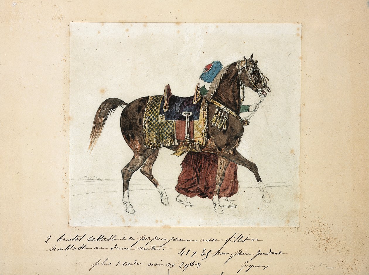 En spændt hest ledet af en mameluk, to pyramider i baggrunden (blyant og akvarel på papir) af Theodore Gericault