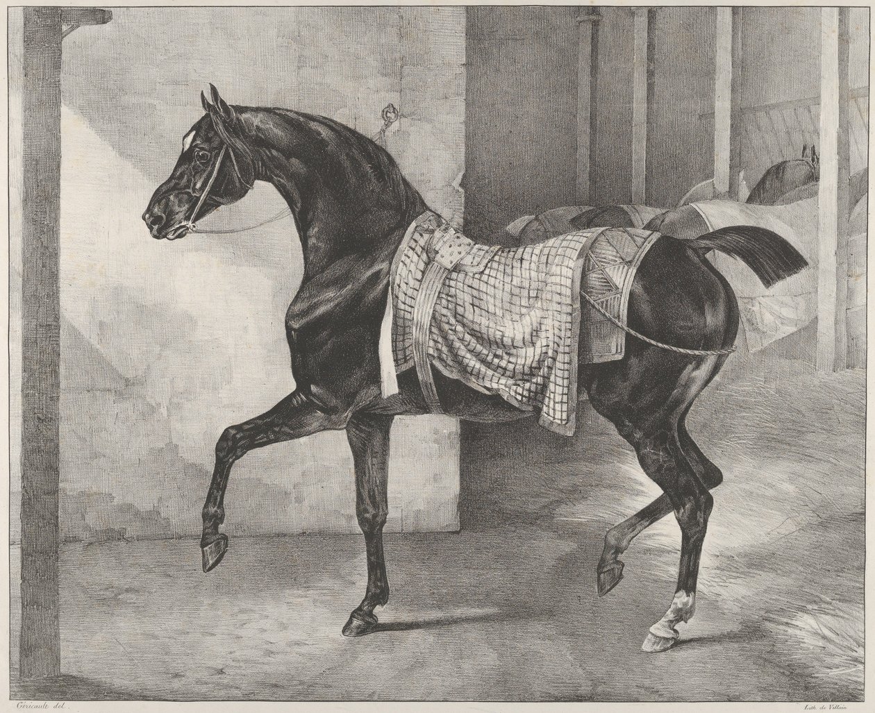 En sort hest bundet i en stald af Theodore Gericault