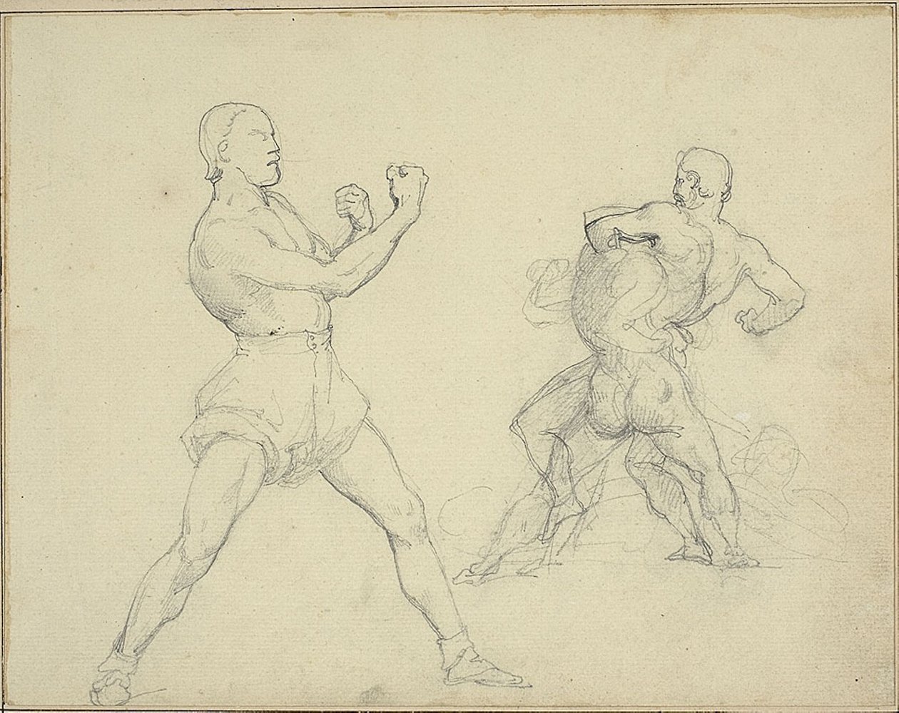 Bokser vender mod højre og to mænd bryder af Theodore Gericault