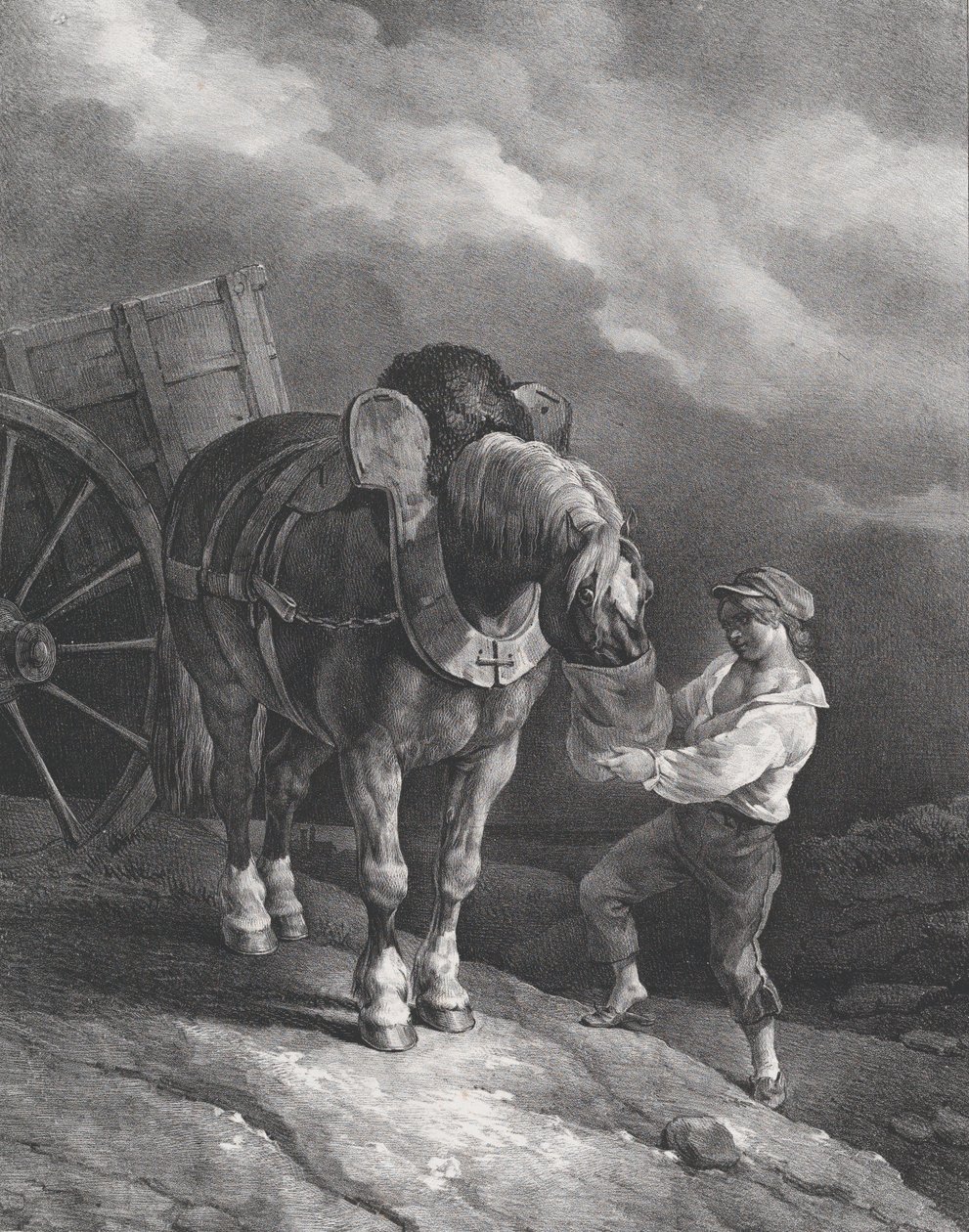 Dreng fodrer en vogn med hest fra en næsepose, 1822. af Theodore Gericault