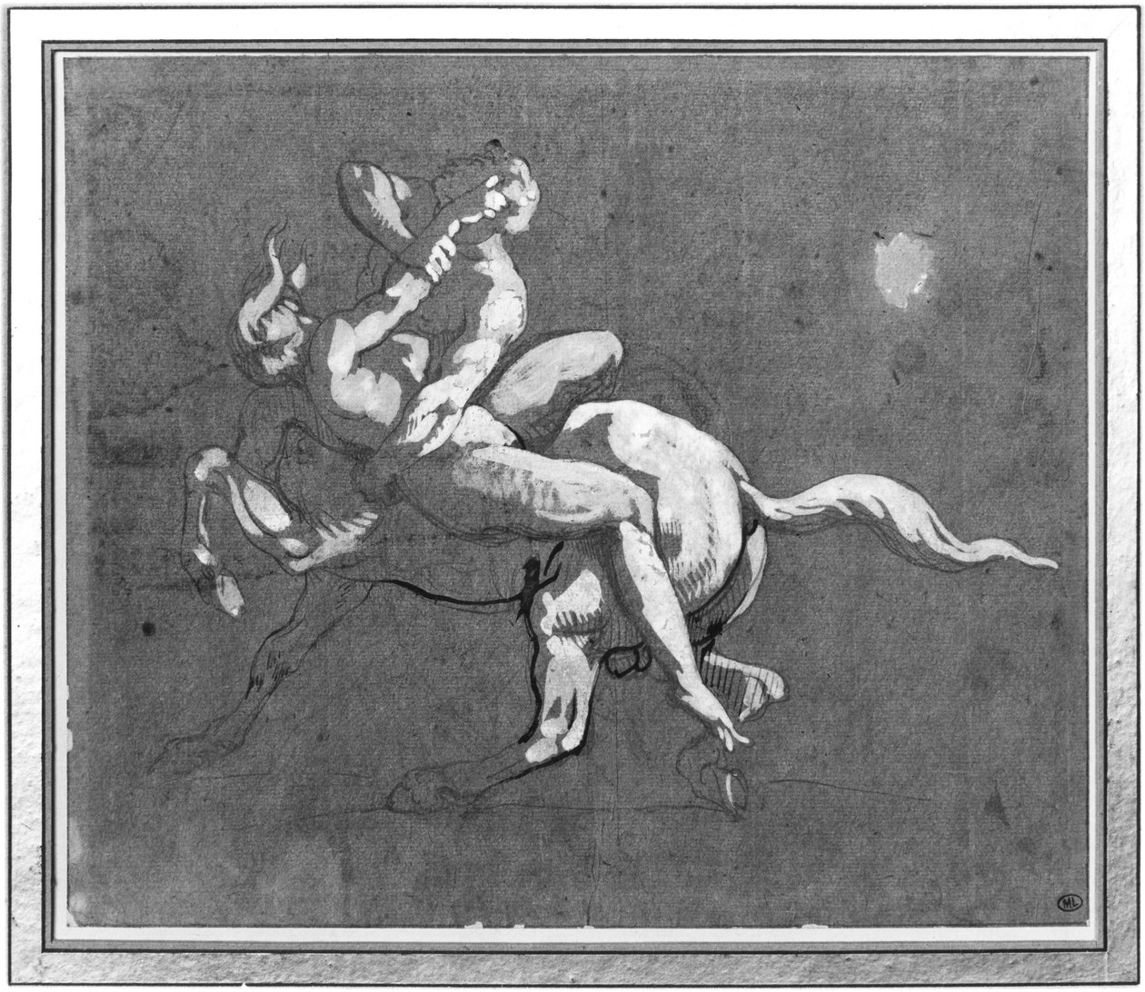 Centaur kidnapper en nymfe (pen og blæk og gouache på olieret papir) af Theodore Gericault