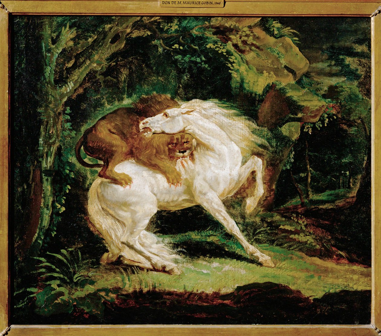 Cheval attaque par un lion - en hest angrebet af en løve, efter en radering af Laurie og et maleri af George Stubbs ... af Theodore Gericault
