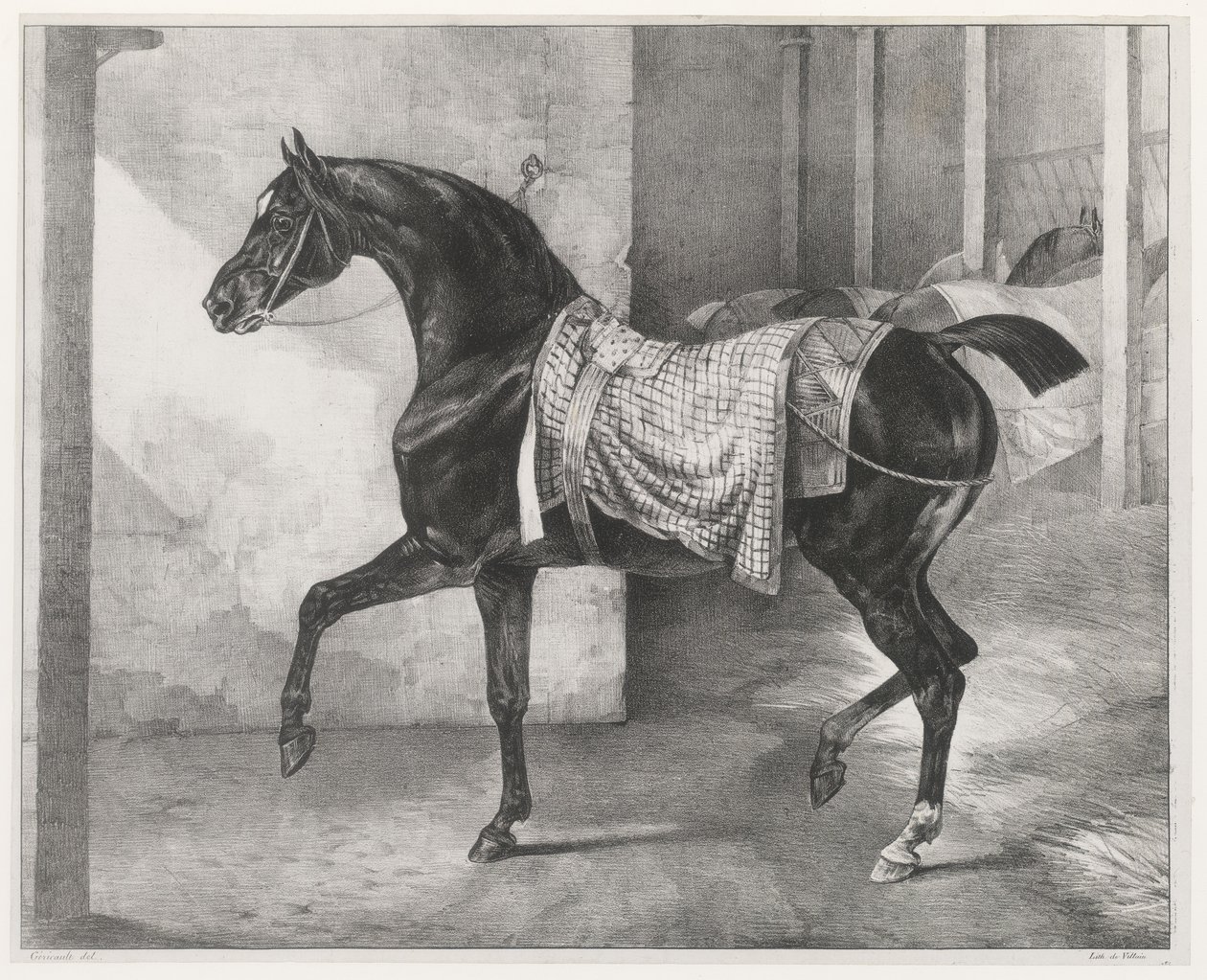 En sort hest bundet i en stald (A Black Horse Tethered in a Stable) af Theodore Gericault