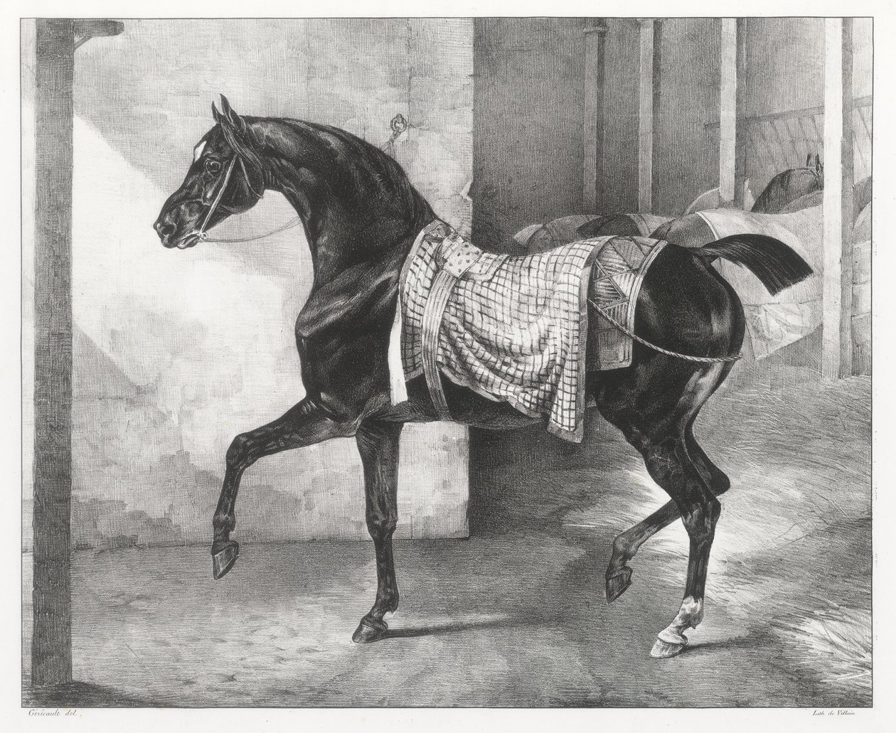 En sort hest bundet i en stald (A Black Horse Tethered in a Stable) af Theodore Gericault
