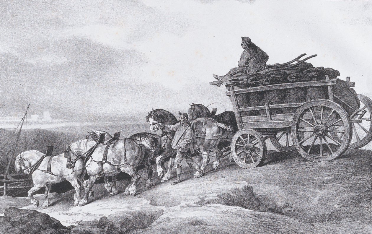 Kulvogn [sic.] Tegnet af Heste, 1822. af Theodore Gericault