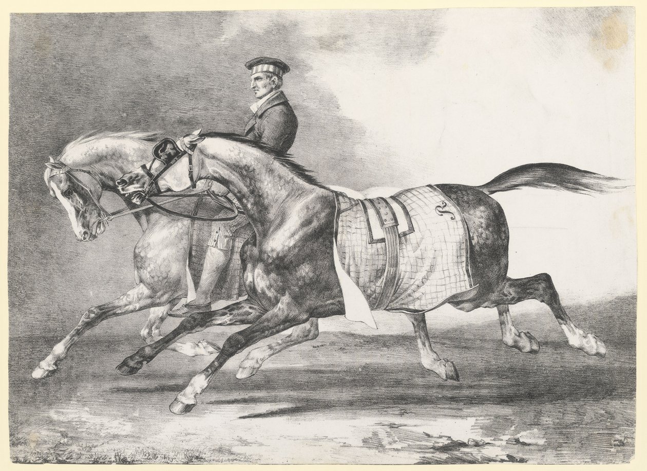 To grå heste med pletmønster, der bliver ført på tur (Two Dapple-Grays Being Exercised) af Theodore Gericault