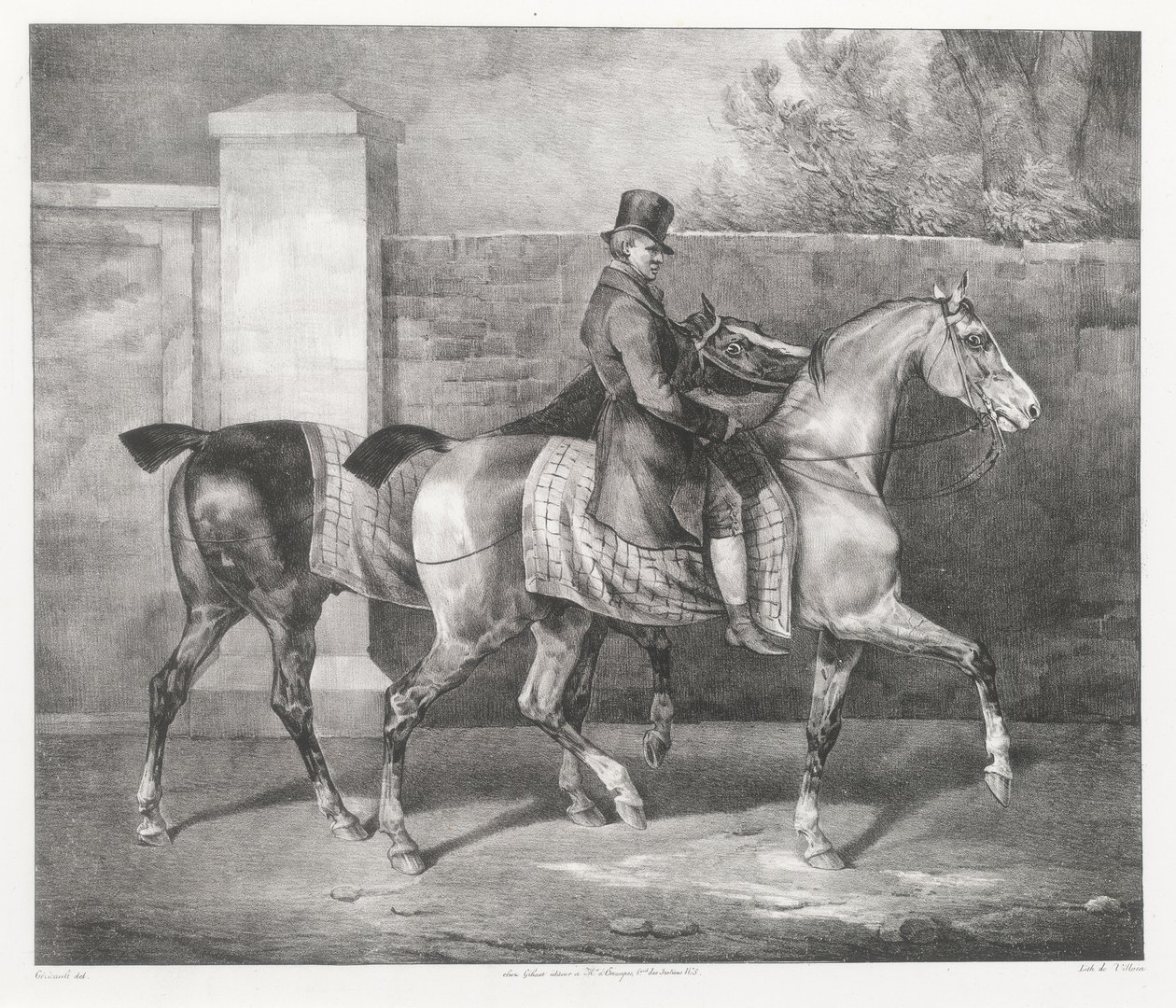 To heste, der ledes på tur af en jockey (A Groom Exercising Two Horses) af Theodore Gericault