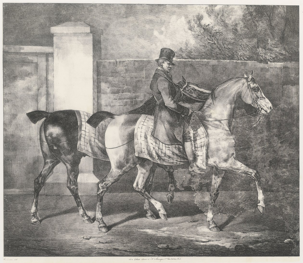 To heste, der ledes af en jockey (A Groom Exercising Two Horses) af Theodore Gericault