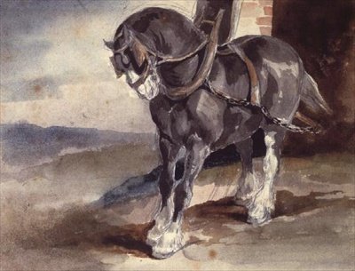 Trækhest ved et hus (blyant og akvarel) af Theodore Gericault
