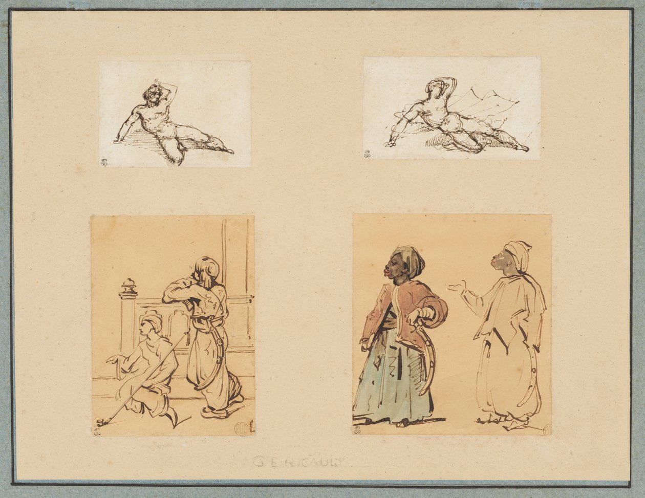 Fire tegninger: To liggende mandlige nøgenfigurer og to studier af osmanniske figurer af Theodore Gericault