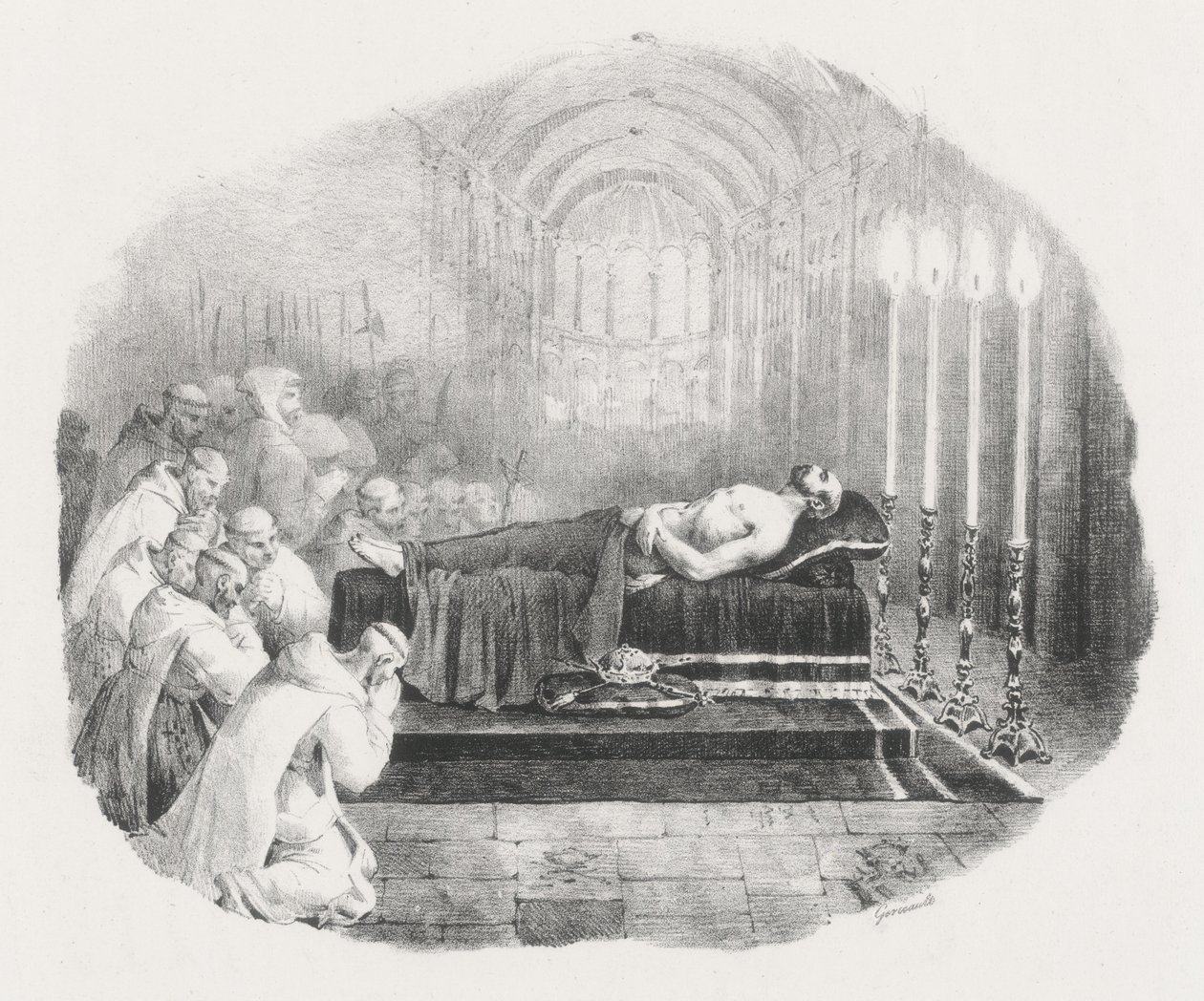 Vilhelm Erobreren, der efter sin død blev bragt til kirken i Boscherville (Vilhelm Erobreren på lit de parade i kirken ved St. Georges-klosteret i Boscherville) af Theodore Gericault