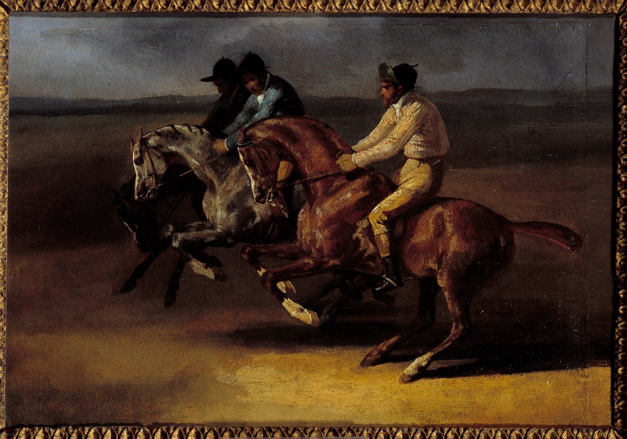 Hestevæddeløb går til venstre på tidspunktet for start Maleri af Theodore Gericault (1791-1824) af Theodore Gericault