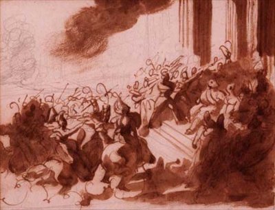 Louis XVIII tager en parade på Champ de Mars (blyant, kuglepen, brunt blæk og vask) af Theodore Gericault