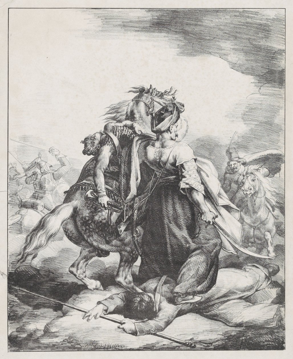 En mameluk fra den kejserlige garde, der forsvarer en såret trompetist mod en kosak (En egyptisk mameluk, der forsvarer en såret fransk trompetist ved Waterloo) af Theodore Gericault