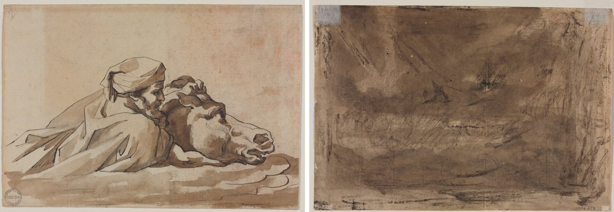 Mand, der griber en hest i vand, efter Poussins "Deluge" (recto); Kompositionsstudie? (muligvis for "Poussin