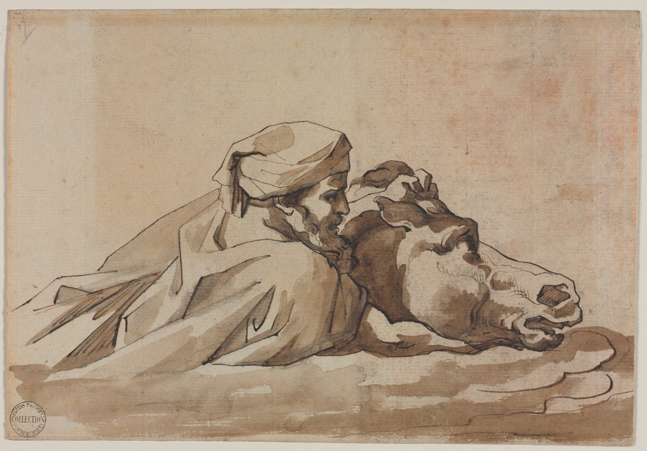 Man clutching a horse in water, after Poussins Deluge recto, Compositional Studyverso, ca. 18 af Theodore Gericault