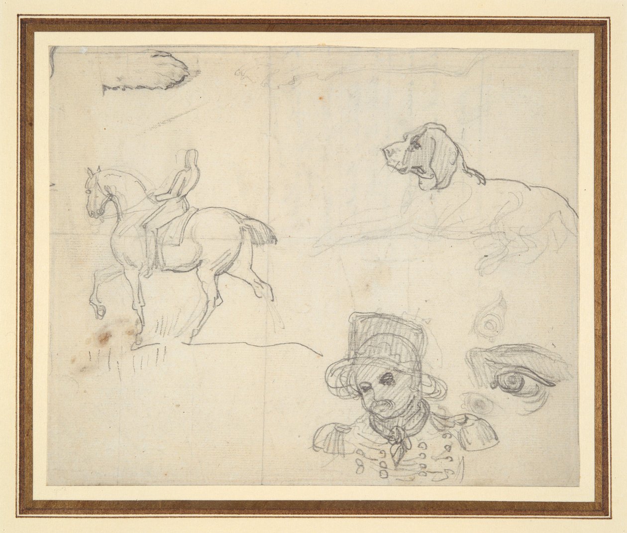 Side med skitser (rytter, hund, soldathoved) af Theodore Gericault