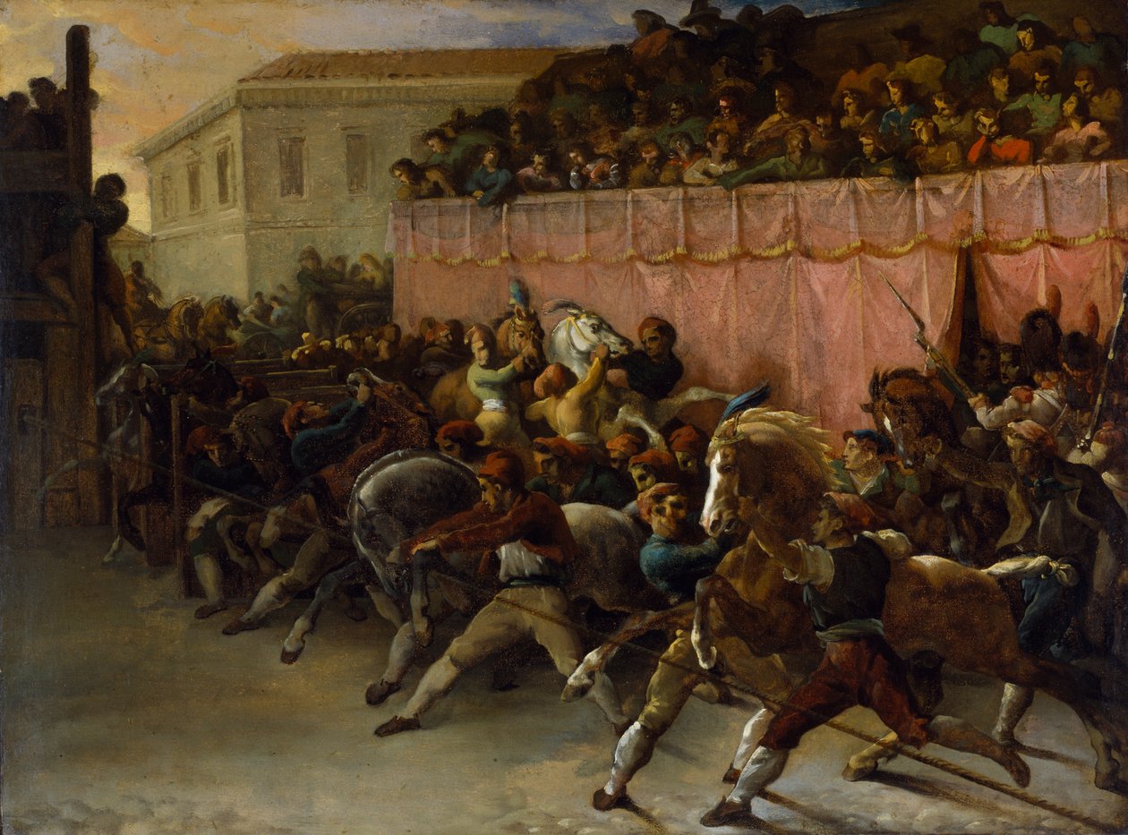 Hesteløse væddeløbsheste i Rom af Theodore Gericault