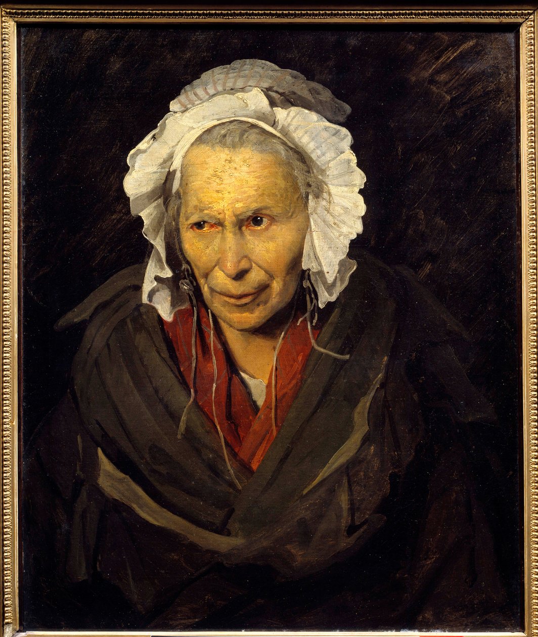 Salpetriere hyene eller monoman af misundelse Portræt af en gammel kvinde, der lider af psykisk sygdom. Maleri af Theodore Gericault (1791-1824) 1822 søn. 0,72x0,58 m Lyon, musee des Beaux Arts - Salpetrieres hyæne eller misundelsesmonomani. Portræt af en  af Theodore Gericault