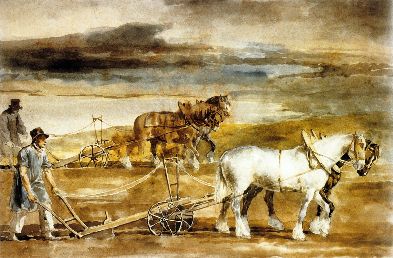 Scene af pløjning i England, ca. 1820 (akvarel ) af Theodore Gericault
