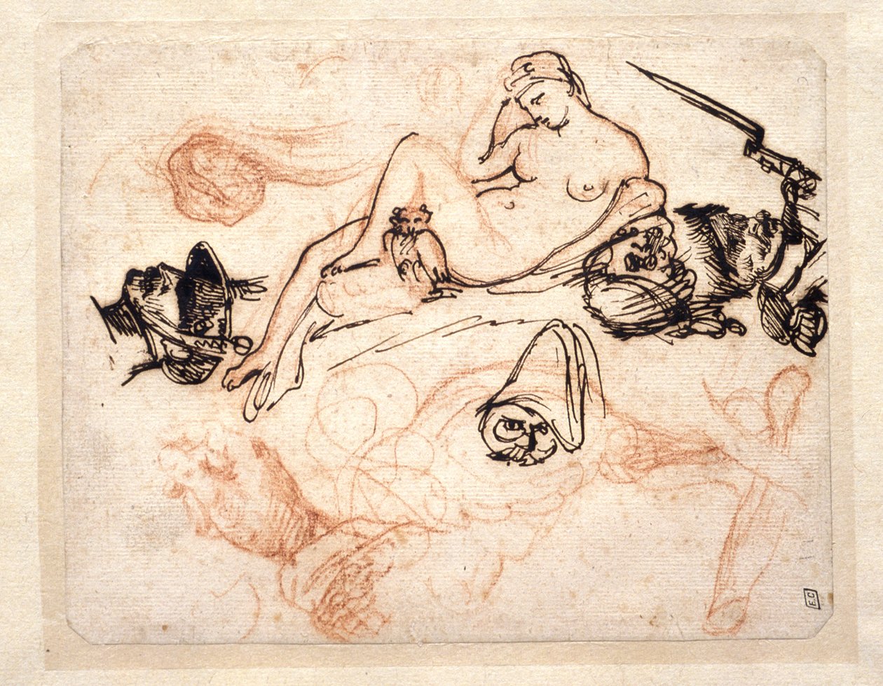 Studieark med Michelangelos „Nat“, en grenader og andre skitser af Theodore Gericault