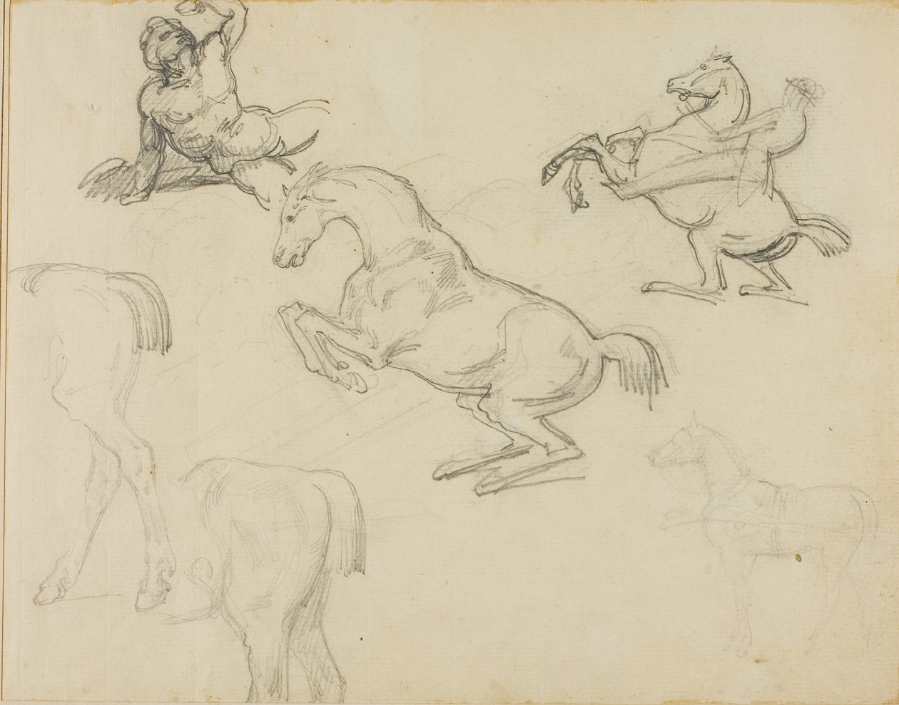 Skitser: Liggende nøgen, en rytter og forskellige heste af Theodore Gericault
