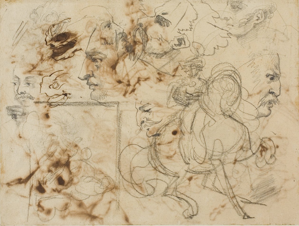 Skitser af mænds ansigter, hestes mule og ridende soldater af Theodore Gericault