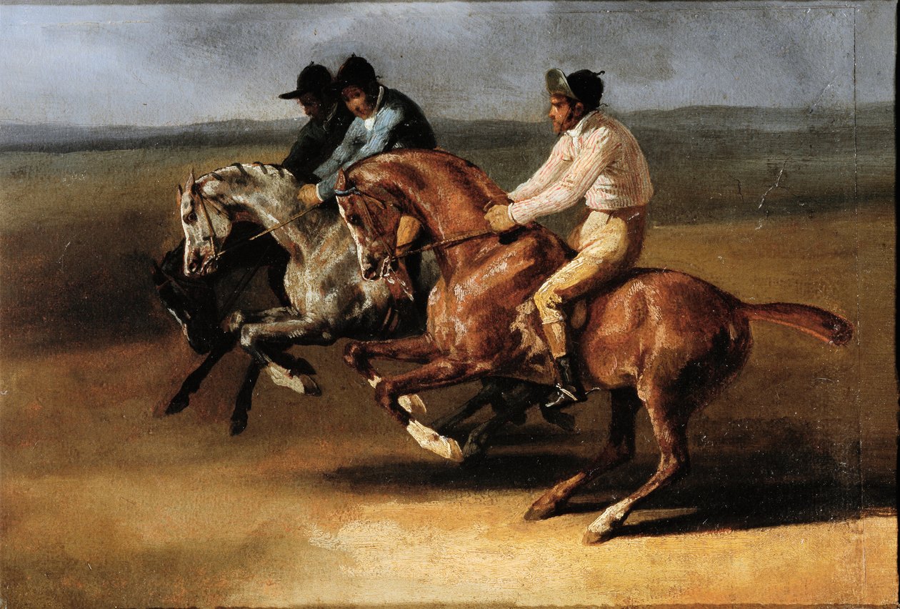 Start på hestevæddeløbet med ryttere (Olie på lærred af Theodore Gericault