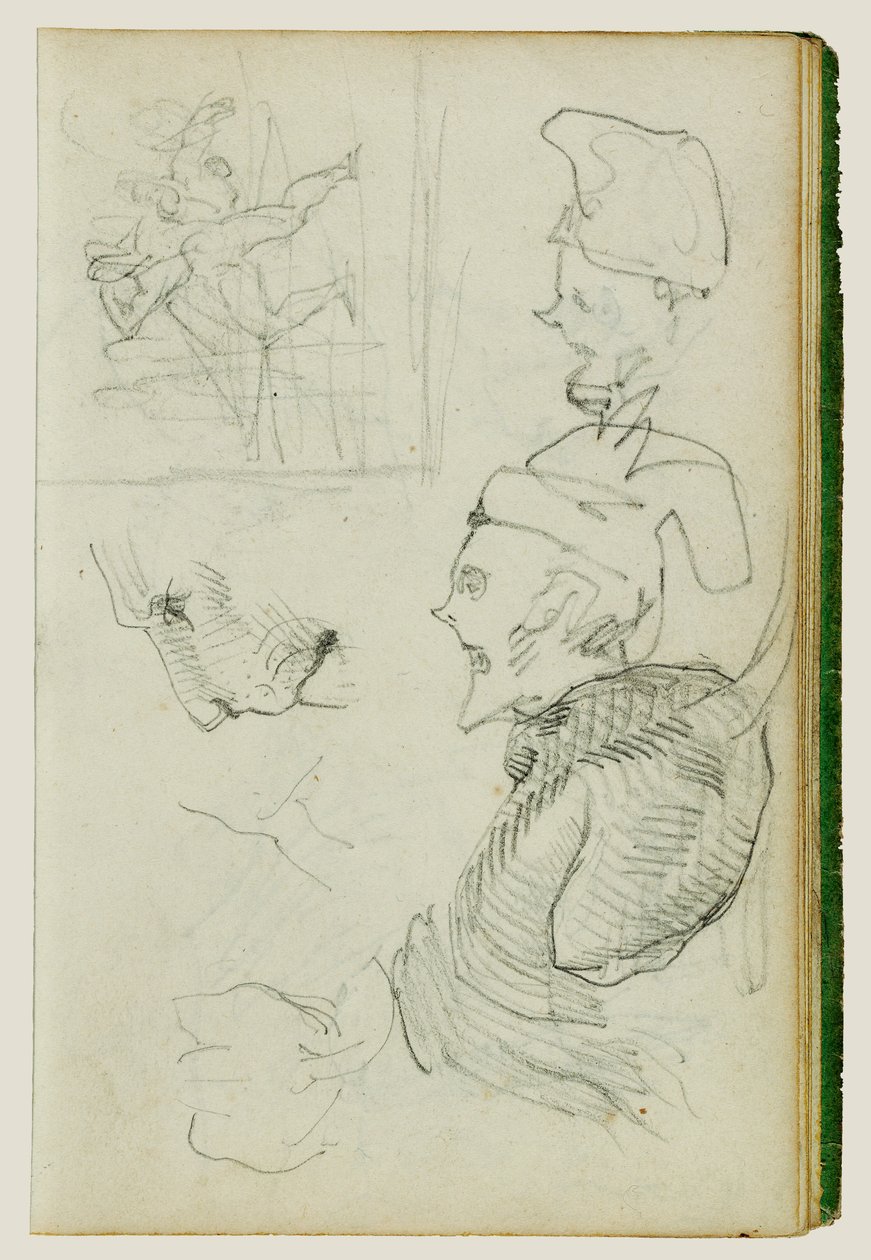Studier af løve, kompositorisk gruppefigurstudie, to karikaturhovedstudier af Theodore Gericault