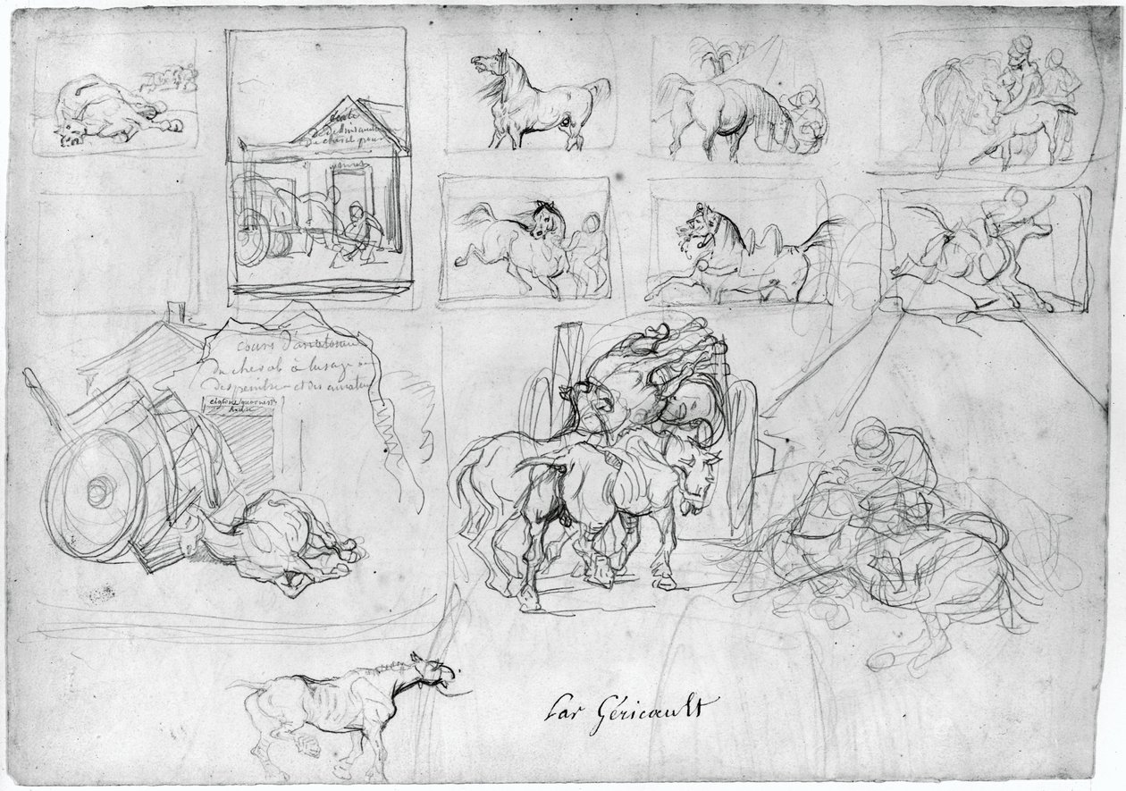 Afbildning af heste (forsiden); En vogn efterfulgt af en skiltebærer (bagsiden) af Theodore Gericault