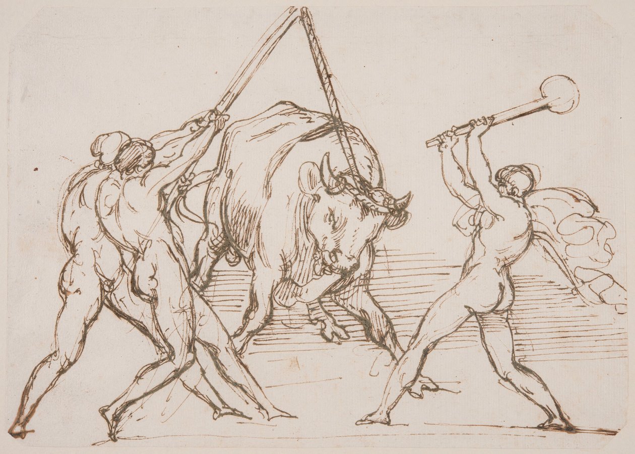 Tre mænd, der driller en tyr af Theodore Gericault