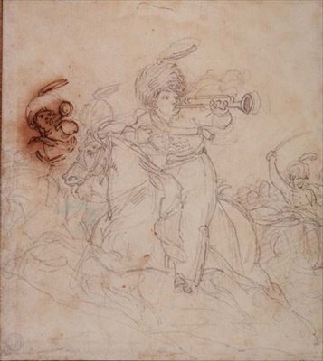 Trompetister, der giver lyden (blyant, pen og brunt blæk) af Theodore Gericault