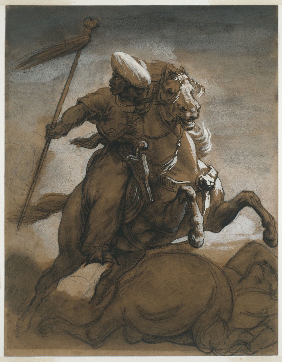Tyrkisk kavaler i kamp, ca. 1818 (brun vask, forhøjet med gouache på papir) af Theodore Gericault