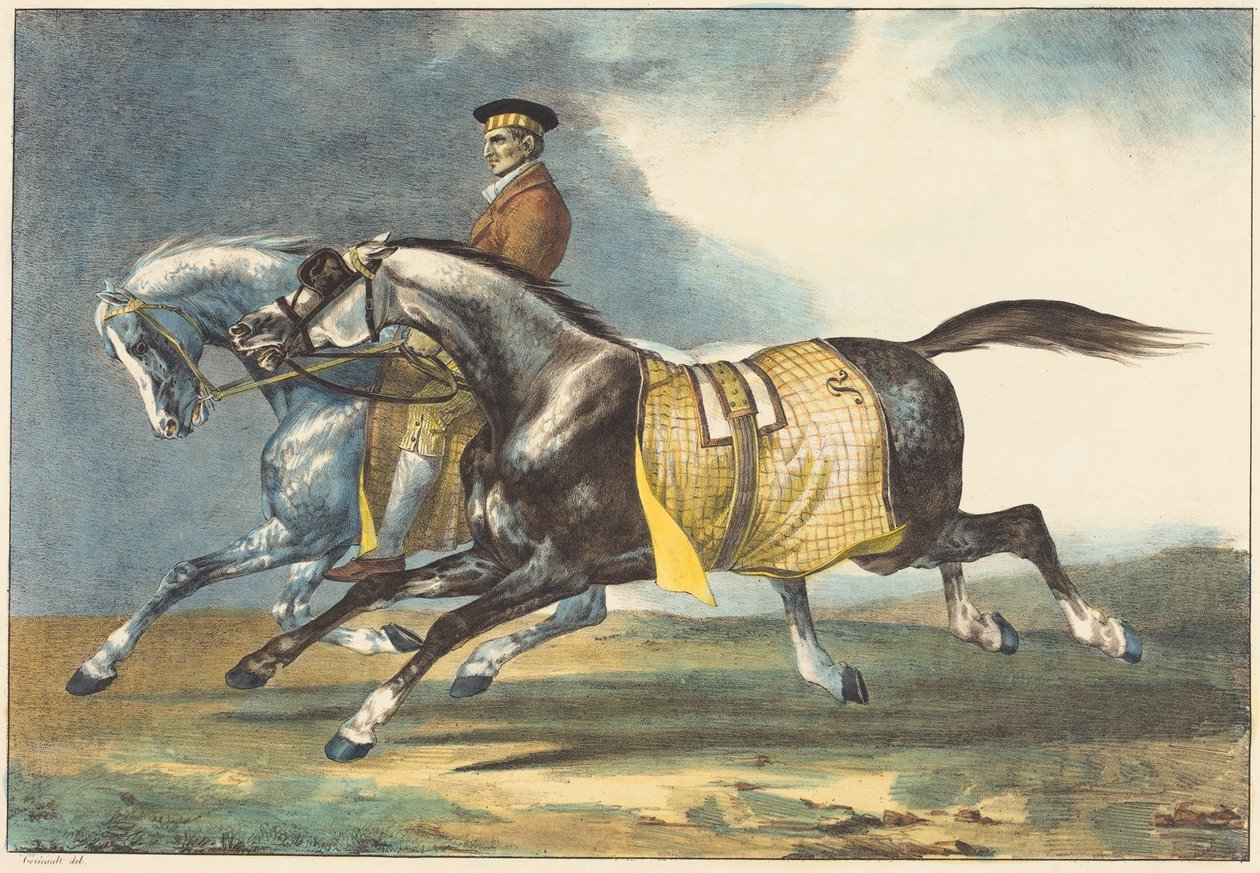 To skimmelgrå heste under motion af Theodore Gericault